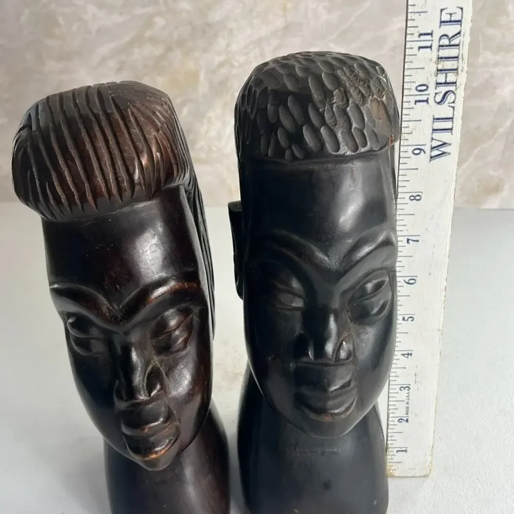 Vintage African Hand Carved Ebony Wood Head Sculptures 10.5